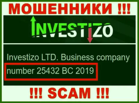 Investizo LTD интернет ворюг Инвестицо было зарегистрировано под этим регистрационным номером: 25432 BC 2019