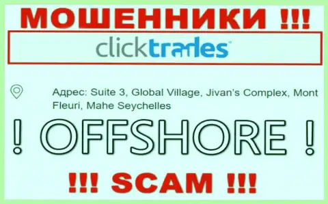 В организации Click Trades безвозвратно отжимают деньги, ведь пустили корни они в офшорной зоне: Suite 3, Global Village, Jivan’s Complex, Mont Fleuri, Mahe Seychelles