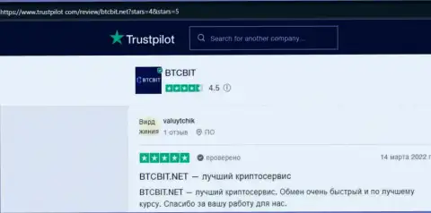 Посты об услугах обменного online-пункта BTCBit на веб-сервисе Trustpilot Com