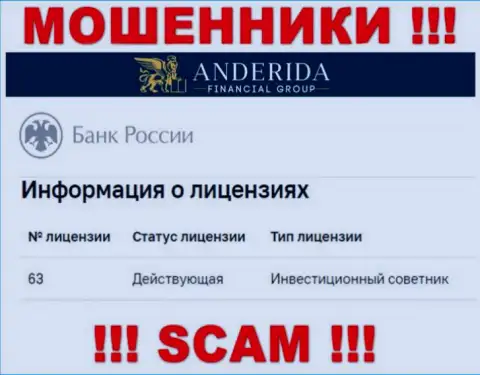АндеридаГруп утверждают, что имеют лицензию от Центрального Банка РФ (инфа с портала мошенников)